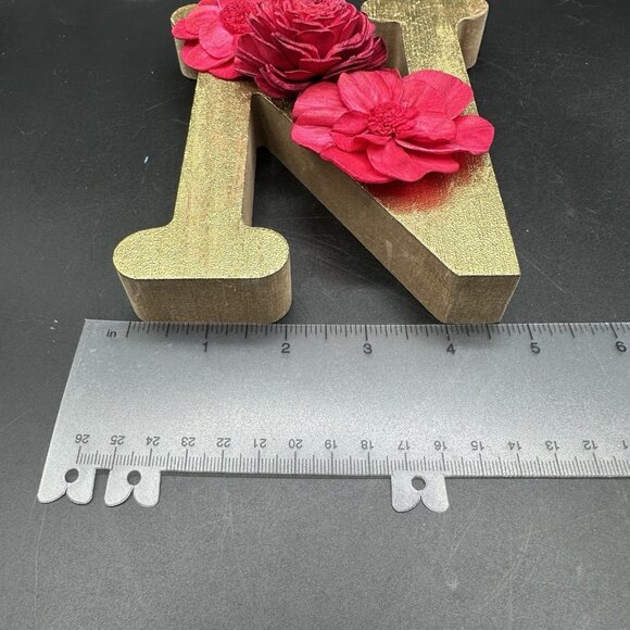 Wooden Initial Letter N Gold Red Sola Wood Flowers 6" Free Standing Monogram - Picture 9 of 10